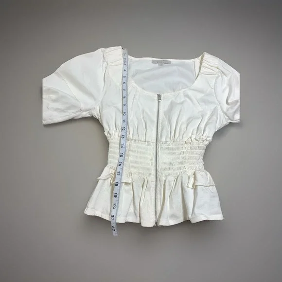 Allsaints Elektra Zip Front Top Women's Size 6 Puff Sleeve Smocked Waist White - Picture 5 of 8